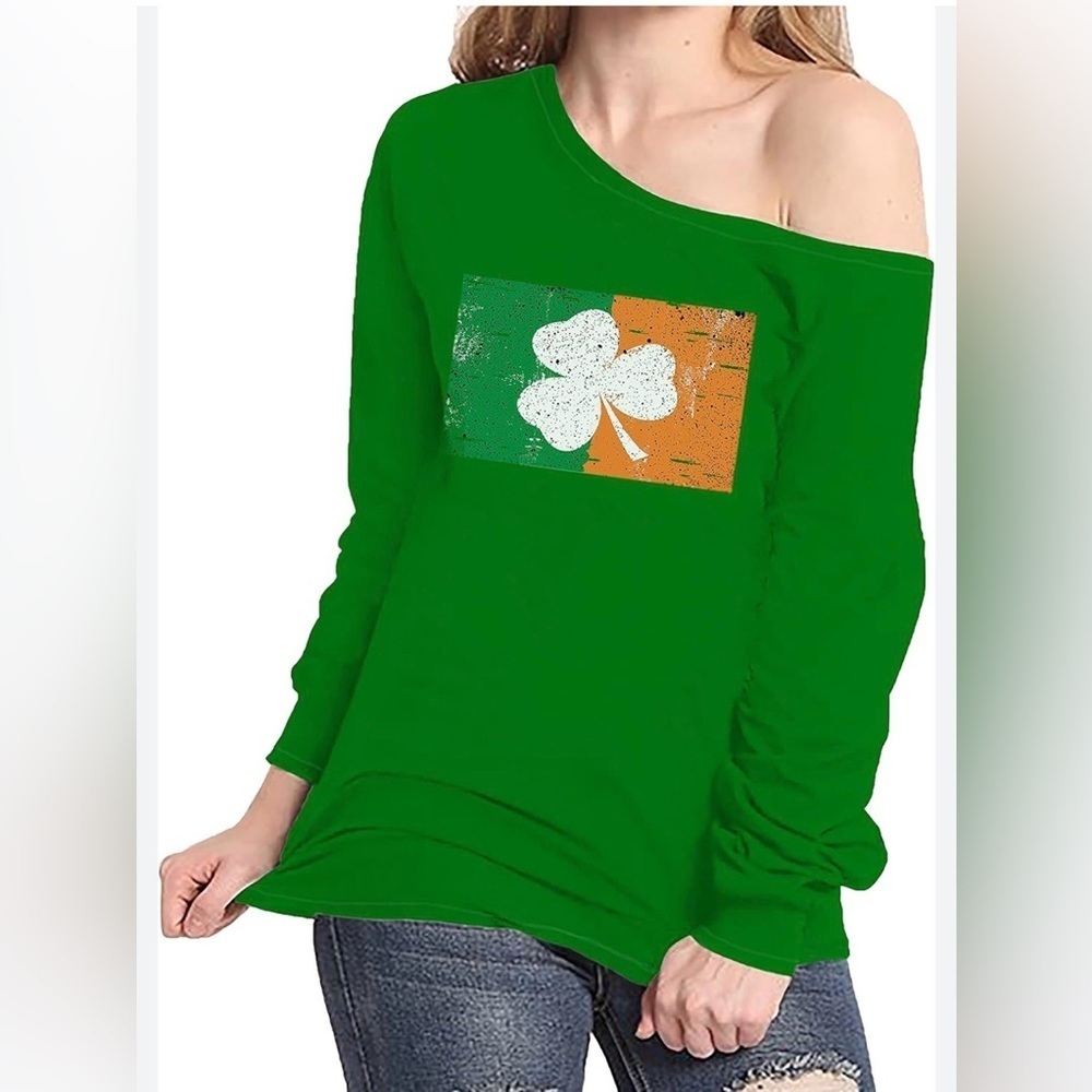 Miracle Artistic NWT Green Orange Shamrock Long Sleeve Boatneck Shirt Top Tee M - Picture 1 of 9